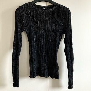 NWT C&A Black Silver Glitter Cotton Blend Rib Knit Lettuce Hem Eveningwear Top M